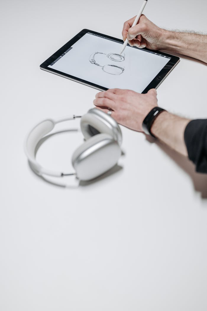 Crafting Captivating Headlines: Your awesome post title goes here Hands sketching headphones on tablet with stylus, showcasing design process.